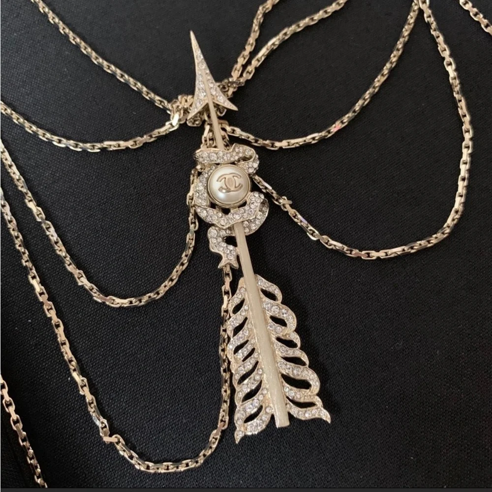 CHANEL Crystal Pearl Multi Strand Chain CC Arrow Necklace Gold - Picture 10 of 16